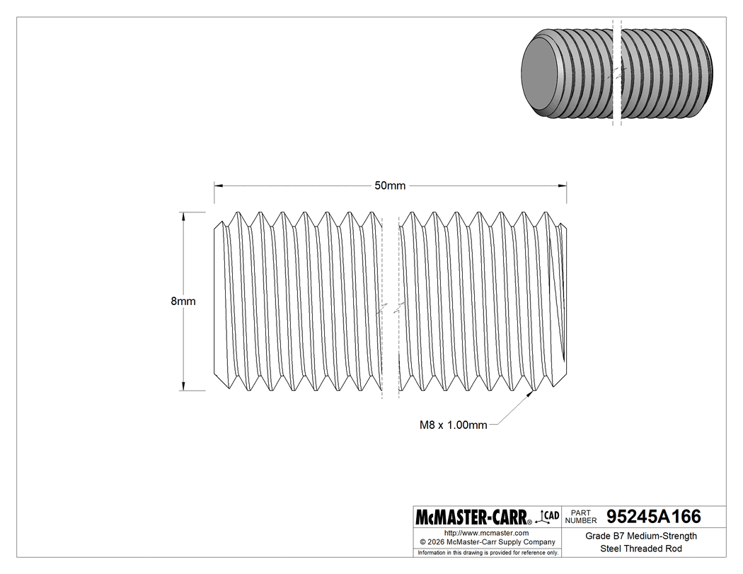 Technical Drawing of Grade B7 Medium-Strength Steel Threaded Rod, Fine-Thread, M8 x 1 mm Thread, 50 mm Long.